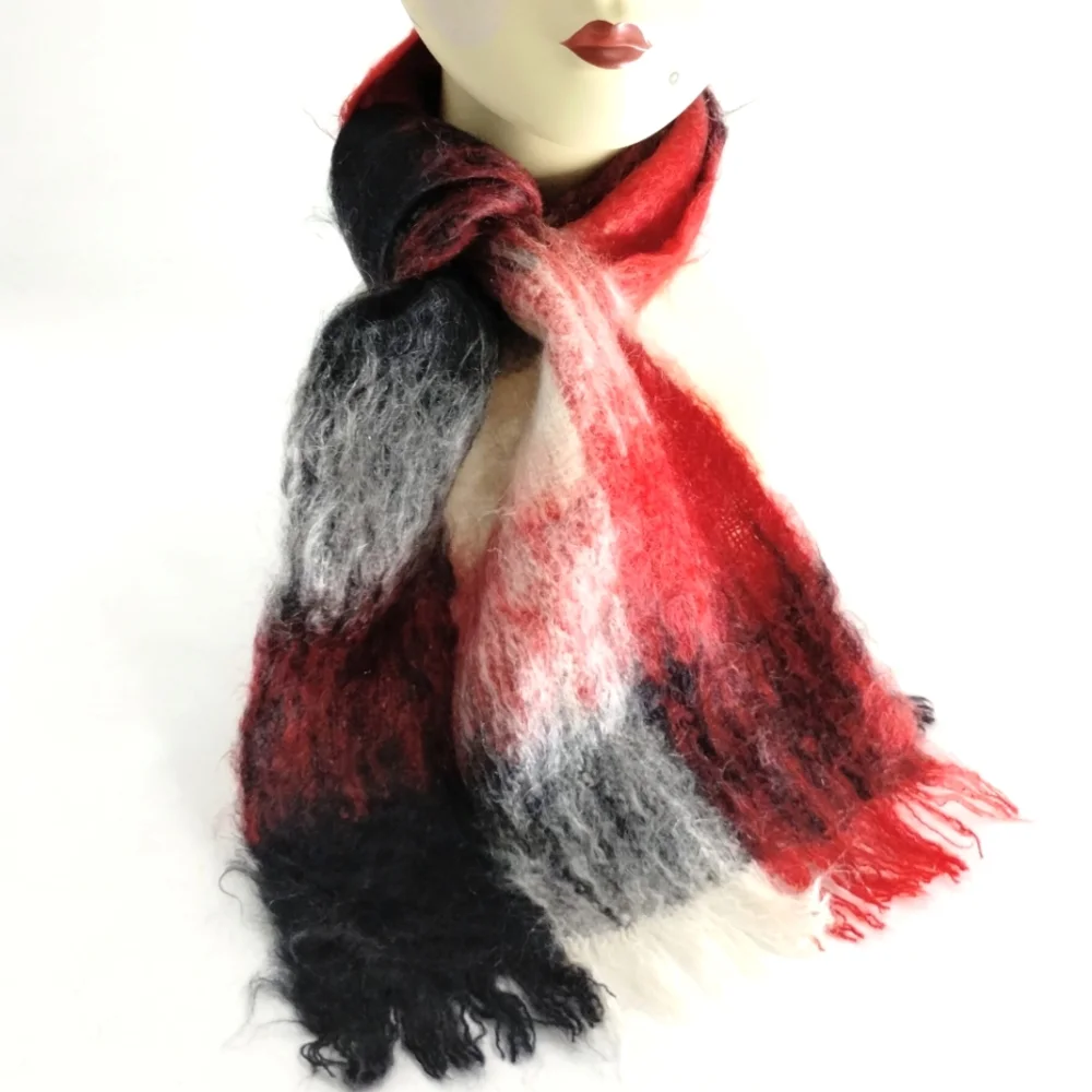 Vintage Mohair Blend Buffalo Plaid‎ Red and Black Scarf